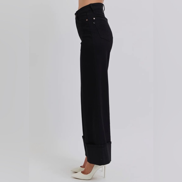 Judy Blue High Waisted Retro Wide Cuffed Leg Black Jeans NWT - Picture 5 of 8